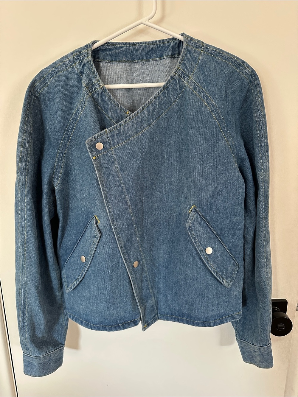 Denim Asymmetric Snap-Front Jacket - Blue